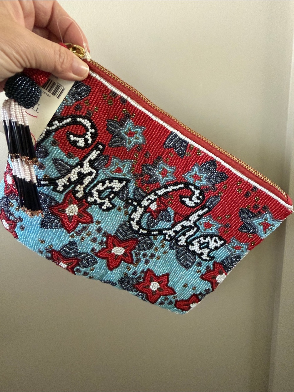 Beaded Floral Clutch Bag - Red & Light Blue
